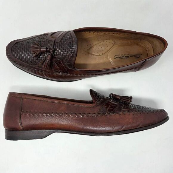SANTONI ITALY BROWN WOVEN CROC ACCENT TASSEL LOAFERS MOC TOE MENS SIZE 11.5 D - Picture 1 of 9